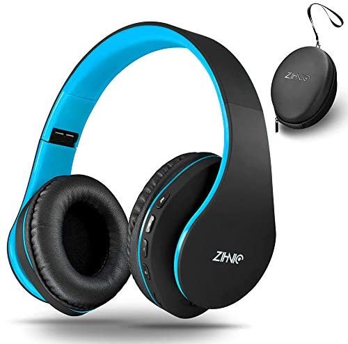 Wireless Over-Ear Headset with Deep Bass, Bluetooth and Wired Stereo Headphones Buit in Mic for Cell Phone, TV, PC,Soft Earmuffs &Light Weight for Prolonged Wearing by Zihnic (Black/Blue)