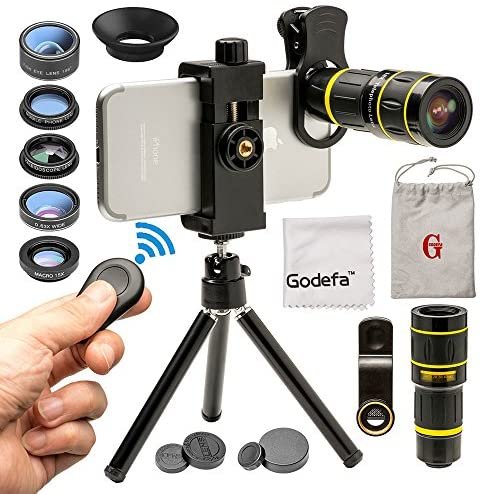 Godefa Cell Phone Camera Lens with Tripod+ Shutter Remote,6 in 1 18x Telephoto Zoom Lens/Wide Angle/Macro/Fisheye/Kaleidoscope/CPL, Clip-On lense Compatible for iPhone X 8 7 6s Plus, Samsung and More